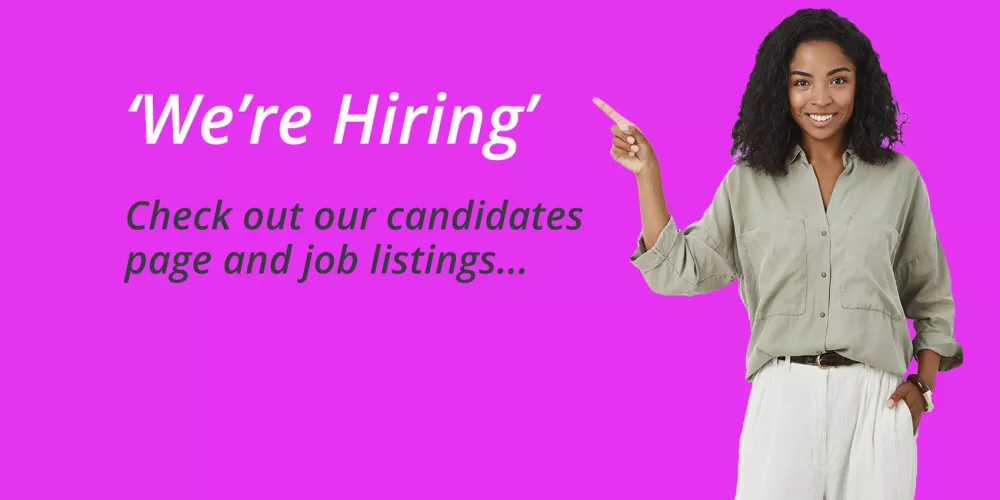 Webpage_front_Hiring7 We're_Hiring_Woman_Pointing